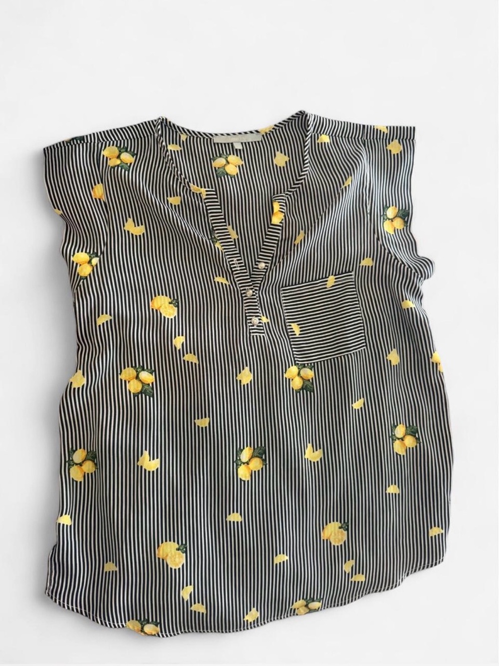 Sweet Rain Black & White Striped V-Neck Top with Yellow Lemon Print
